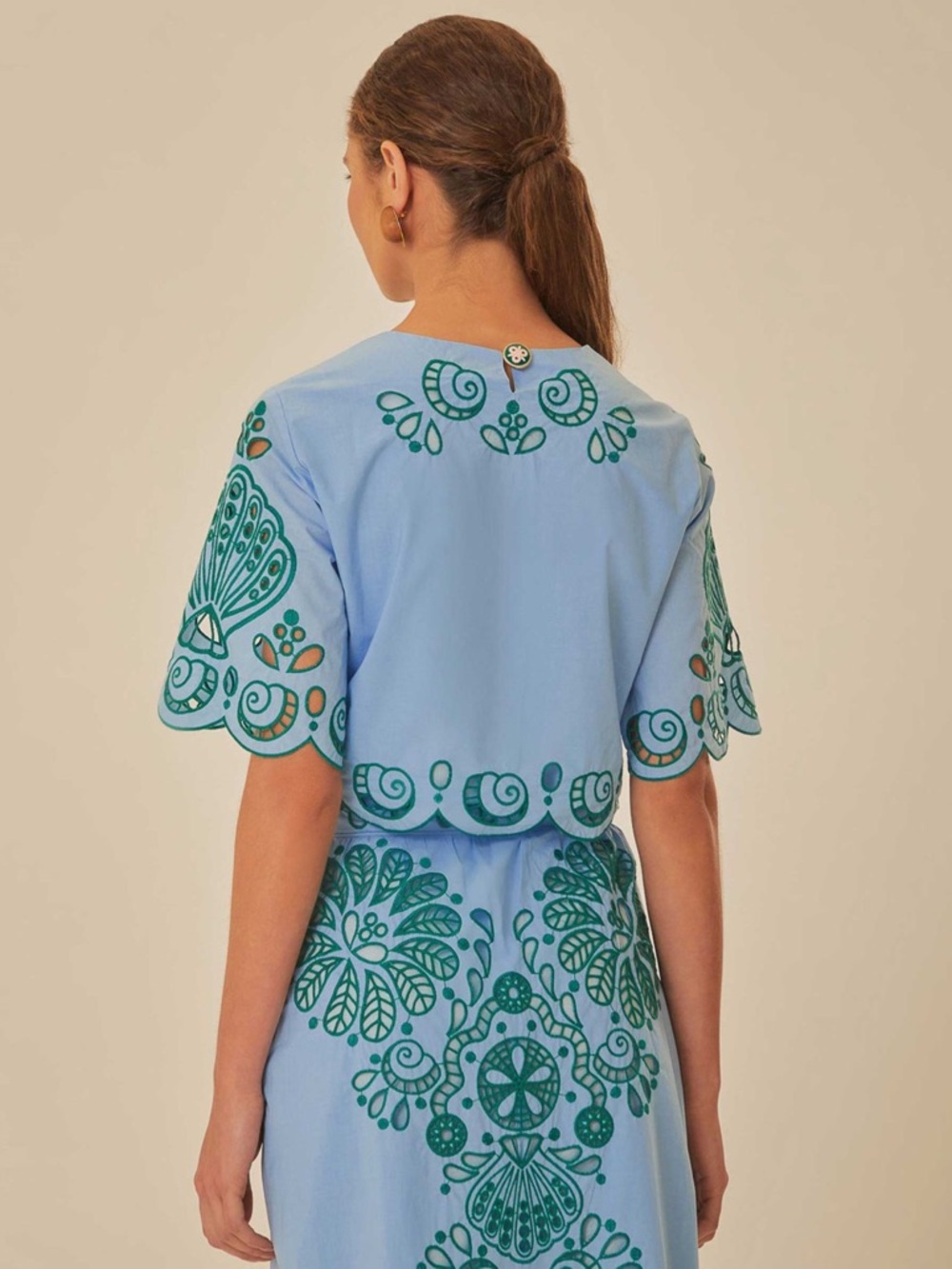Farm Rio Light Blue And Green Graphic Richelieu Crop Top - Picture 3 of 9